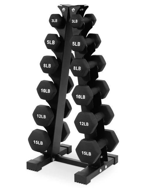 Load image into Gallery viewer, Balancefrom Fitness 110 Pound Neoprene Coated Cast Iron Dumbbell X Elite Exercise Workout Set with Stand, 10 Pairs of 1 to 10 Pound Weights, Black
