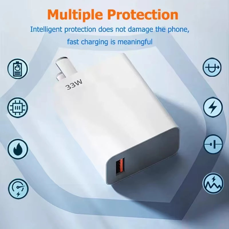 33W USB Fast Charger Quick Charge 3.0 USB Type C Cable 6A for Xiaomi Redmi Note 13/12 Iphone Samsung Mobile Phone Charge Adapter