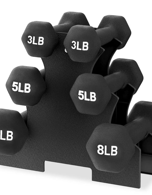 Load image into Gallery viewer, Balancefrom Fitness 110 Pound Neoprene Coated Cast Iron Dumbbell X Elite Exercise Workout Set with Stand, 10 Pairs of 1 to 10 Pound Weights, Black
