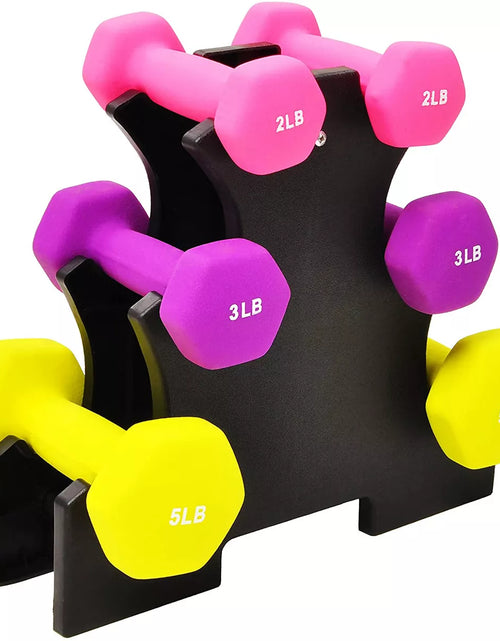 Load image into Gallery viewer, Balancefrom Fitness 110 Pound Neoprene Coated Cast Iron Dumbbell X Elite Exercise Workout Set with Stand, 10 Pairs of 1 to 10 Pound Weights, Black

