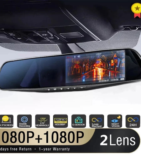4.3 Inch Driving Recorder Car DVR Rearview Mirror Dual Lens Car Recorder 1080P IPS Front and Rear Camera Registrar Black Box New