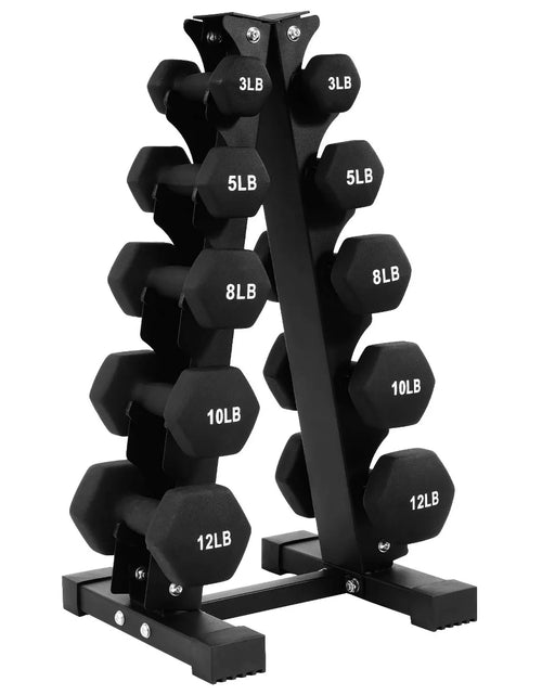 Load image into Gallery viewer, Balancefrom Fitness 110 Pound Neoprene Coated Cast Iron Dumbbell X Elite Exercise Workout Set with Stand, 10 Pairs of 1 to 10 Pound Weights, Black
