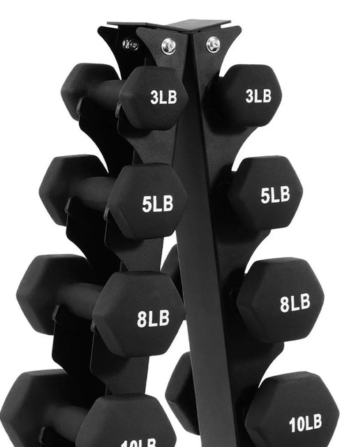 Load image into Gallery viewer, Balancefrom Fitness 110 Pound Neoprene Coated Cast Iron Dumbbell X Elite Exercise Workout Set with Stand, 10 Pairs of 1 to 10 Pound Weights, Black

