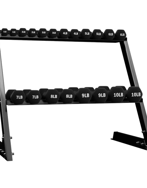 Load image into Gallery viewer, Balancefrom Fitness 110 Pound Neoprene Coated Cast Iron Dumbbell X Elite Exercise Workout Set with Stand, 10 Pairs of 1 to 10 Pound Weights, Black
