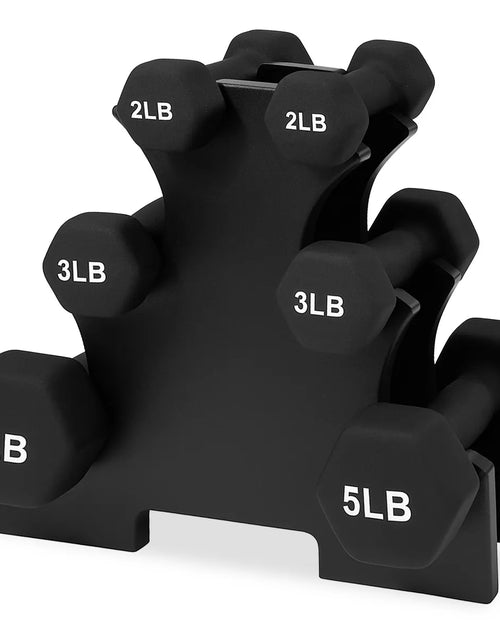 Load image into Gallery viewer, Balancefrom Fitness 110 Pound Neoprene Coated Cast Iron Dumbbell X Elite Exercise Workout Set with Stand, 10 Pairs of 1 to 10 Pound Weights, Black
