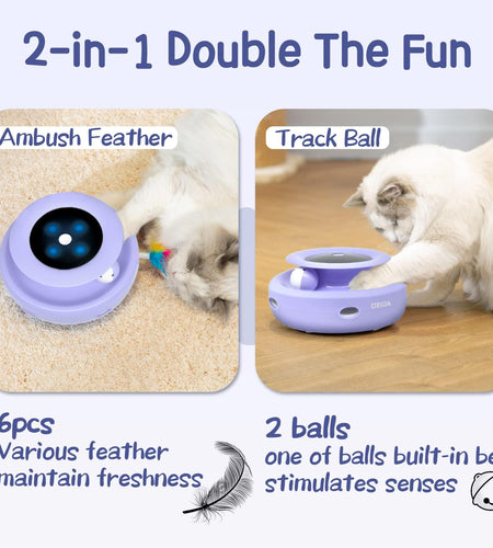Cat Toys, 2-In-1 Interactive Cat Toys for Indoor Cats, Automatic Cat Toy Balls, Mice Toys Ambush Feather Kitten Toys with 7Pcs Attachments, Dual Power Supplies, Adjustable Speed, Auto On/Off